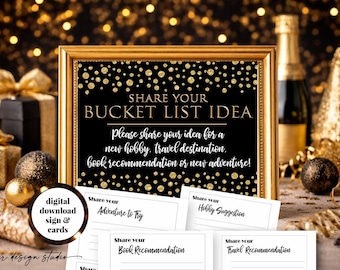 Retirement Bucket List Sign and Cards: Black and Gold Printable Party Game (Digital Download)