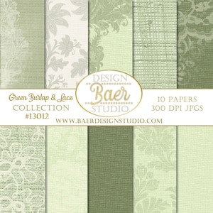 Shabby Chic Salbei-grünes Weihnachten Digitales Papier, Limette- Cremefarbenes Digitales Papier, Sackleinen-Spitzen-Digitalpapier, Grünes und Elfenbeinfarbenes Spitzen-Digitalpapier