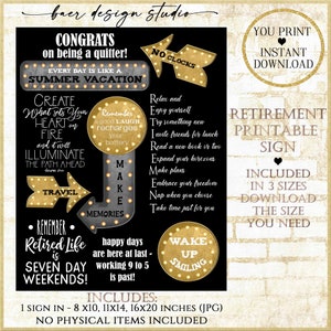Letrero imprimible con reglas de jubilación, letrero digital negro y dorado de jubilación, póster para fiesta de jubilación, poema de jubilación, regalo para fiesta de jubilación