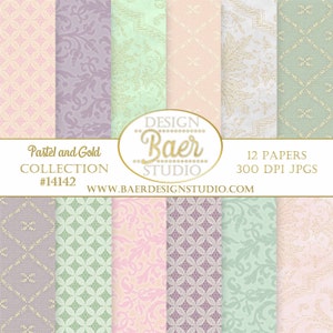 Papel Digital Pastel, Papel Digital Damasco Lavanda, Papel Digital Renda Rosa e Dourado, Papel Digital Eau de Nil, Papel Sálvia e Dourado