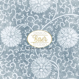 May include: A blue and white floral pattern with a gold oval logo that reads "DESIGN Baer STUDIO www.BAERDESIGNSTUDIO.COM".