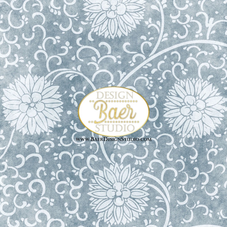 May include: A blue and white floral pattern with a gold oval logo that reads "DESIGN Baer STUDIO www.BAERDESIGNSTUDIO.COM".