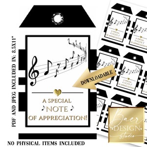 Etichetta stampabile con una nota di apprezzamento, etichetta per bomboniere con note musicali, etichetta regalo a tema musicale, etichetta di ringraziamento per insegnante di musica in bianco e nero 81823