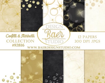 Graduation Digital Paper:Gold White Black Festive Backgrounds