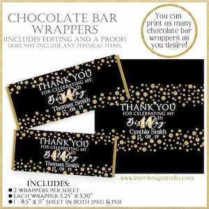 Hershey Bar Wrapper:Personalized Black and Gold Wrappers, Chocolate Bar Wrappers, Printable Custom Hershey Bar Wrapper Birthday, 12219