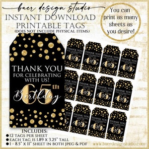 Danke Tags, 65.Geburtstag Geschenkanhänger, Schwarz und Gold Tags, druckbare Tags, 65 Jahre Mini Weinflasche Geschenkanhänger, 62624