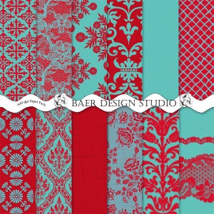 May include: A digital paper pack with 10 different patterns in red and turquoise. The patterns include damask, floral, and geometric designs. The text "300 dpi Paper Pack" and "BAER DESIGN STUDIO" is visible on the image.