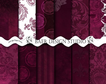 Burgundy Digital Paper Pack: Merlot Damask, Maroon Stripes (Digital Download)