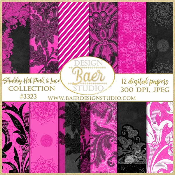 Hot Pink and Black Printable Digital Paper|Hot Pink Lace Digital Paper|Black and Pink Damask Digital Paper|Distressed Pink Digital Paper