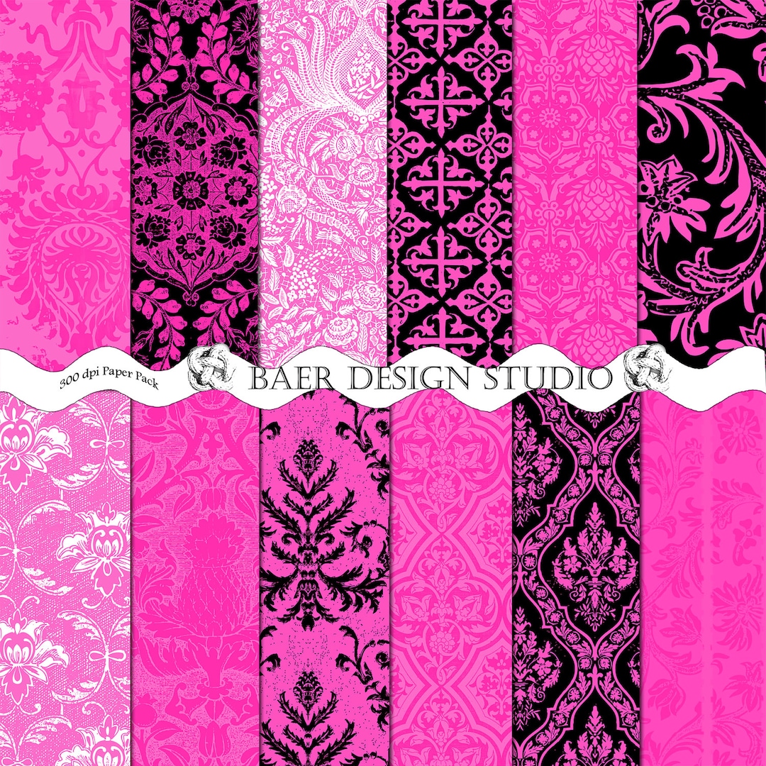 Bright Pink Damask Digital Paperhot Pink and Black Damask Etsy