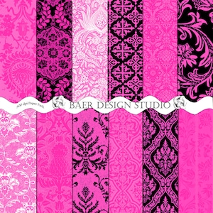 Bright Pink Damask Digital Paper, Hot Pink and Black Damask Digital Paper, Hot pink Digital Paper, Carta Digitale Vintage