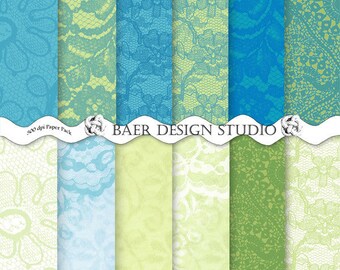 Shabby Chic Lace Digital Paper, Bright Green & Preppy Blue (Digital Download)