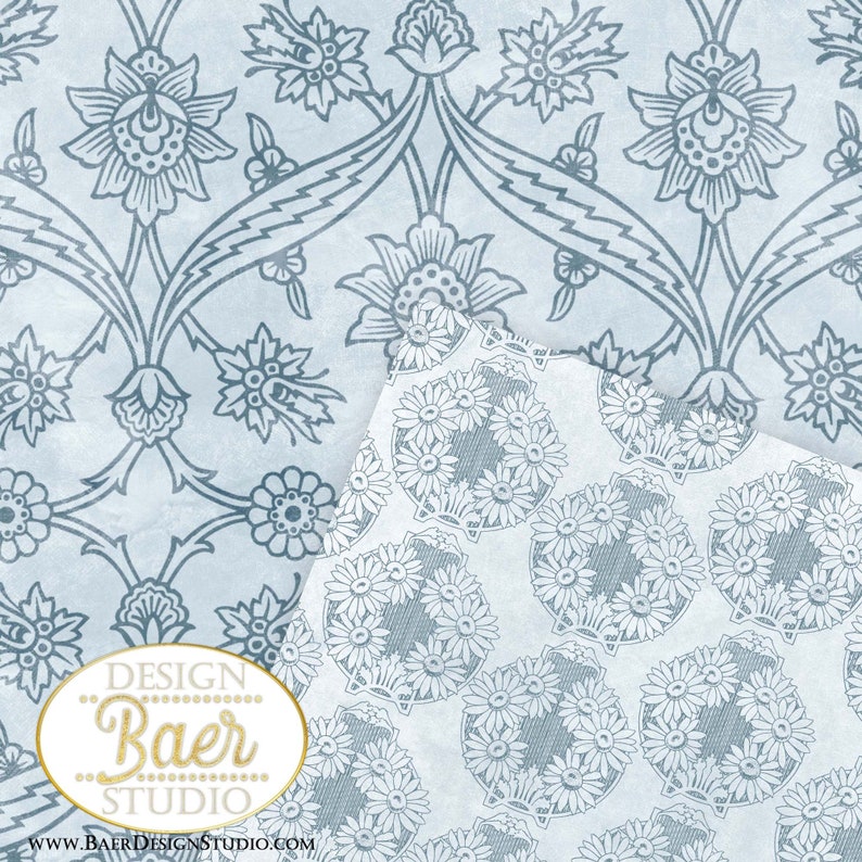 May include: A blue and white floral pattern with a repeating design. The pattern is on a light blue background. The text "DESIGN Baer STUDIO www.BAERDESIGNSTUDIO.COM" is at the bottom of the image.
