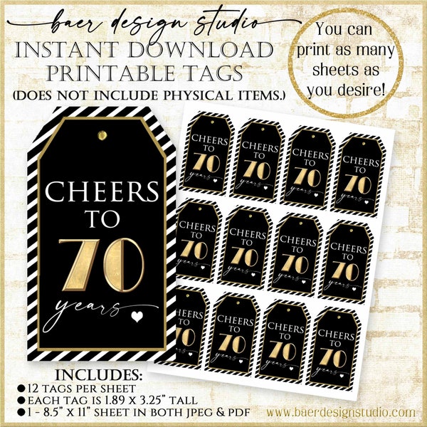 Black and Gold 70th Birthday Tag:70th Birthday Party Favor Tags, Cheers to 70 years printable tags, Wine Tags, Mini Wine Bottle Tags, 11220