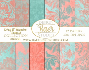 Teal and Coral Damask Digital Paper:Turquoise Peach Backgrounds