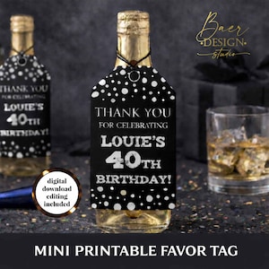Personalized Black and White Thank You Tag: Mini Whiskey Bottle Favor (Digital Download)