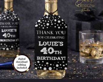 Personalized Black and White Thank You Tag: Mini Whiskey Bottle Favor (Digital Download)