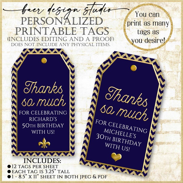 Navy and Gold Thank You Tags:Personalized Printable Tags, Blue and Gold Party Favor Tag, Birthday Gift Bag Digital Tag, Retirement Tag, 6218