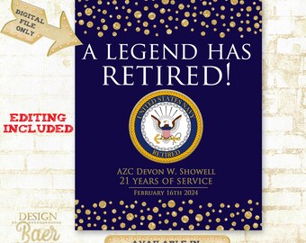 United States Navy Retirement Printable Sign|Blue and Gold Navy poster personalized for you|A Legend Has Retired Made-to-Order Poster 12424