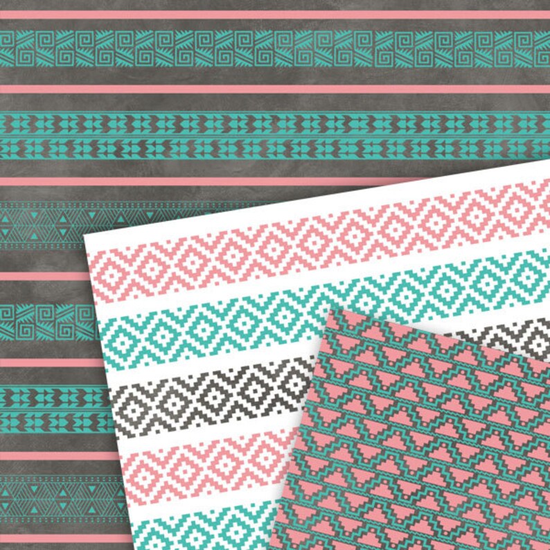 #14078 Striped Digital Paper Pink and Teal Digital Paper:Tribal Digital Paper Pink and Turquoise Digital Paper Aztec Digital Paper