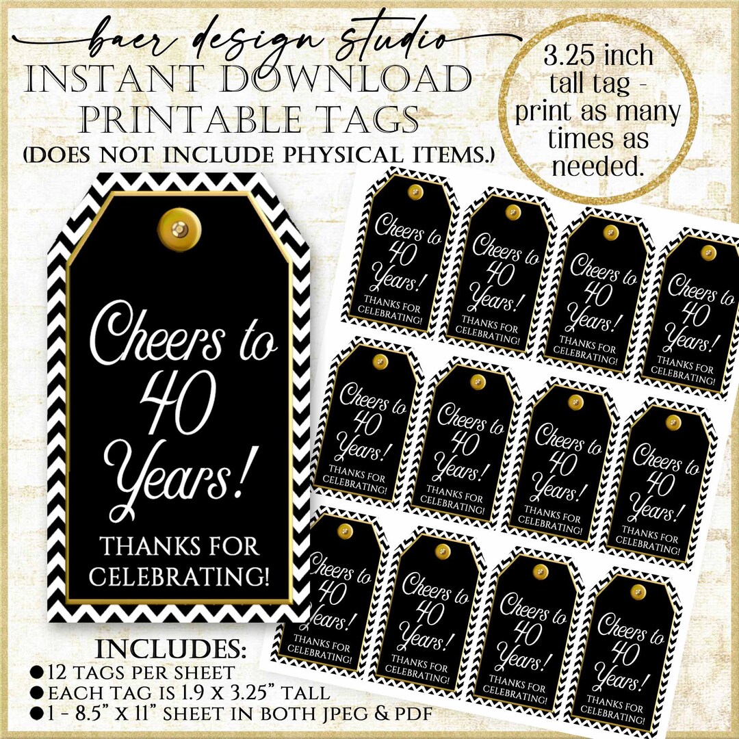 Cheers to 40 Years Tag, 40th Birthday Party Favor Tags, Black and White ...