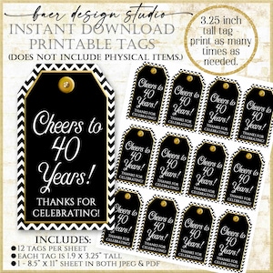 Cheers to 40 Years Tag, 40th Birthday Party Favor Tags, Black and White Mini Wine Tag Thank you, 40th Class Reunion Favor Tag 12117