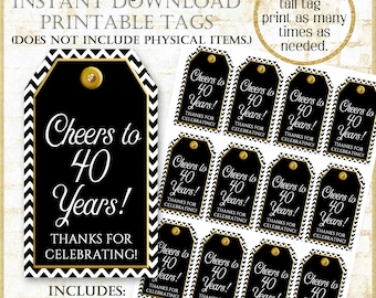 Cheers to 40 Years Favor Tags: Black and White, Gold (Digital Download)