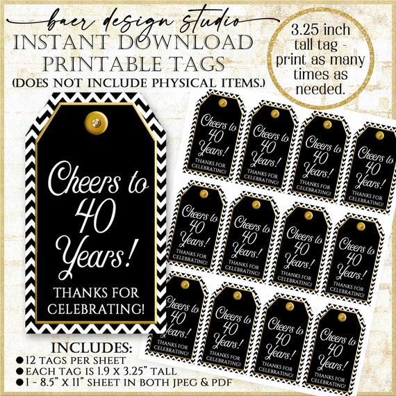 40th Birthday Tag:40th Birthday Party Favor Tags Cheers to 40 - Etsy