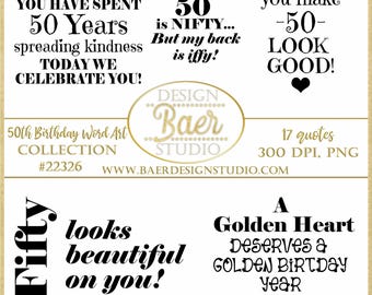 50th Birthday PNG Bundle – Funny 50 and Fab Word Art – Black Printable Quote Clipart