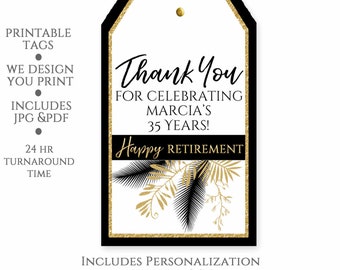 Retirement Thank You Tags:Tropical Goodbye Tension Hello Pesnion Retirement Party Printable, Black and Gold Palm Leaf Thank You Tags, #9289