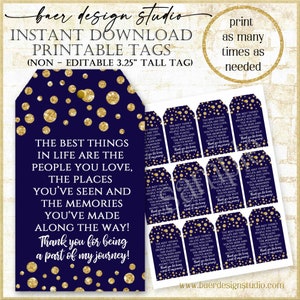 The best things in life poem tag, Retirement Party Favor Tags, Navy Blue and Gold Printable Party Favor Tags, Words of Inspiration tags