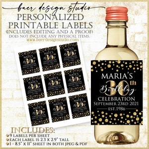 Personalized Black and Gold Mini Wine Bottle Labels (2x3&quot; Printable)