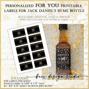 Etiqueta para minibotella de licor Jack Daniel's de 50 ml, etiqueta personalizada imprimible, etiqueta de agradecimiento digital negra y dorada, 50.° cumpleaños, 1324