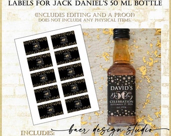 Etiqueta personalizada para minibotella de Jack Daniel's: Negra y dorada, 50 cumpleaños o cualquier otro cumpleaños (Descargar)