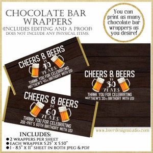 Cheers and Beers Candy Bar Wrapper:60th Birthday Chocolate Bar Wrappers, 40th birthday Beer Favor, Personalized Printable Wrapper, #21419