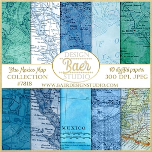 Papel digital con mapa de México, papel digital con mapa de Cabo, papel para álbum de recortes digital con mapa, papel digital con mapa azul, papel con mapa vintage 7818