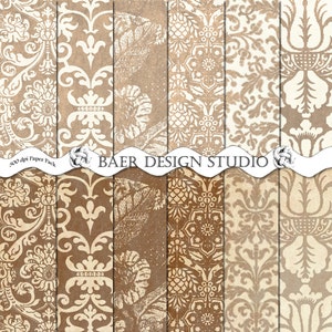Papel Digital Vintage Marrom, Papel Digital Shabby Chic, Papel Digital Damasco Marrom para Scrapbook, Papel Arabesco, Papel Digital Mocha Mousse