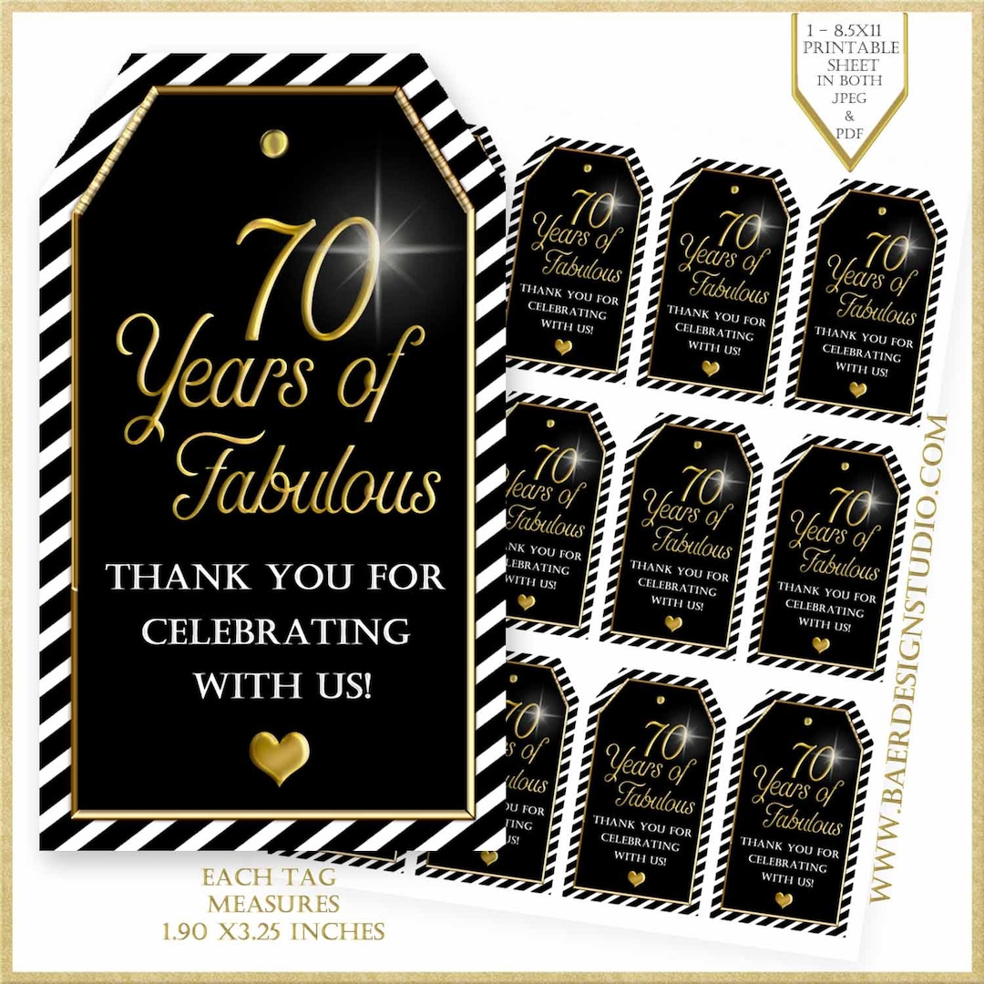 Thank You Tags:70 Years of Fabulous, Party Favor Tags, Black and Gold ...
