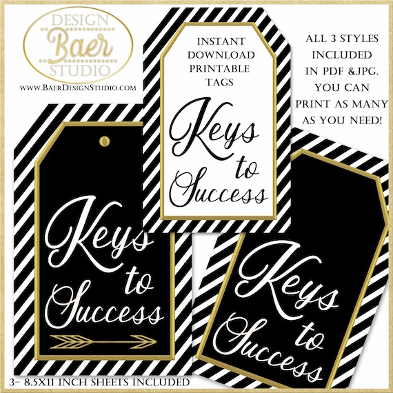 Keys to Success Graduation Tags: Black and Gold Advice Cards (Printable)