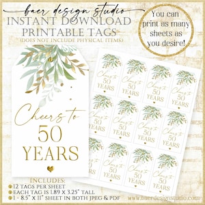 Cheers to 50 Years Thank you Tag:50th anniversary Party Favor Tags Digital, Sage Green and Gold 50th birthday Tag, Printable Wine Tag 92221