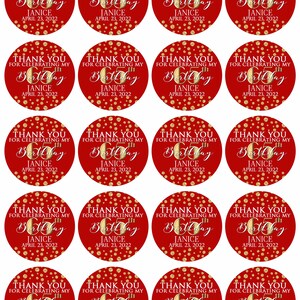 May include: A sheet of red, circular stickers with gold confetti and the text "THANK YOU FOR CELEBRATING MY 50th BIRTHDAY" in white script. The name "JANICE" and the date "APRIL 23, 2022" are also included.