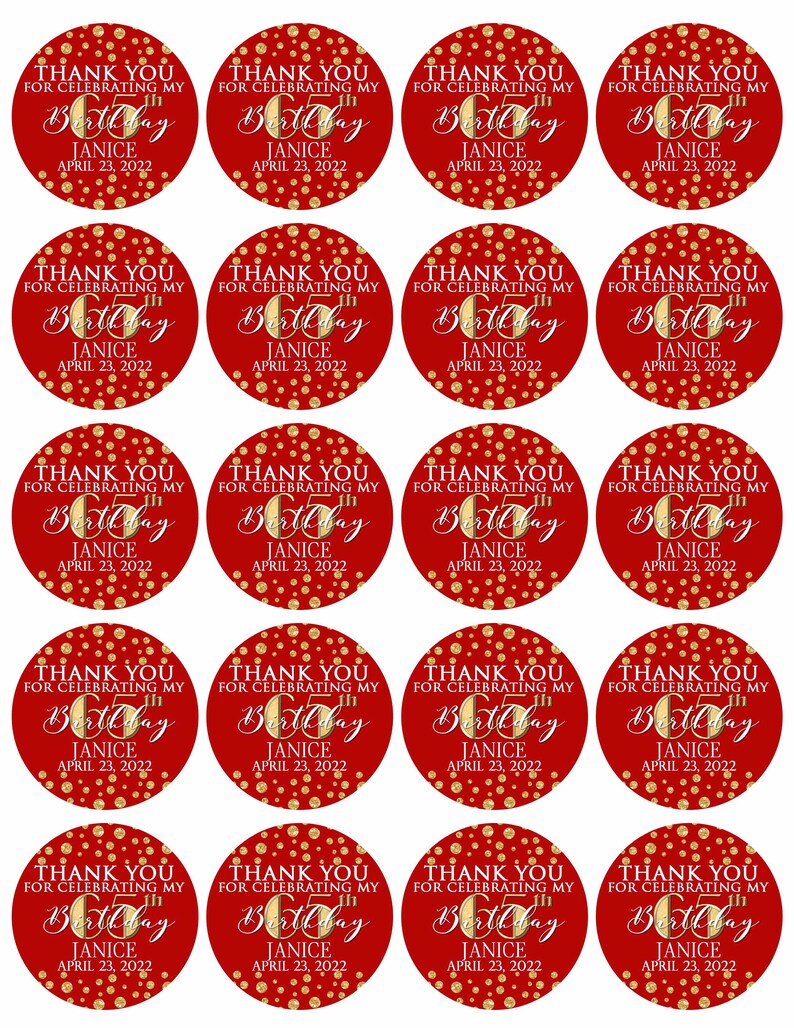 May include: A sheet of red, circular stickers with gold confetti and the text "THANK YOU FOR CELEBRATING MY 50th BIRTHDAY" in white script. The name "JANICE" and the date "APRIL 23, 2022" are also included.