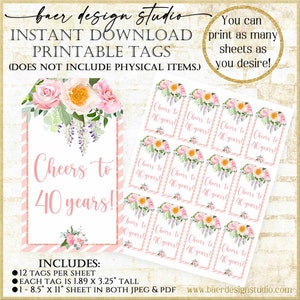 40th Birthday Tag, 40th Anniversary 40th Party Favor Tags, Cheers to 40 years printable tags, Pink Thank You Tag 32822