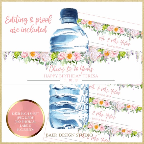 water bottle labels printable wedding water bottle label water bottle sticker pink floral waterbottle label 30th birthday label 12209 baerdesignstudio 10 00