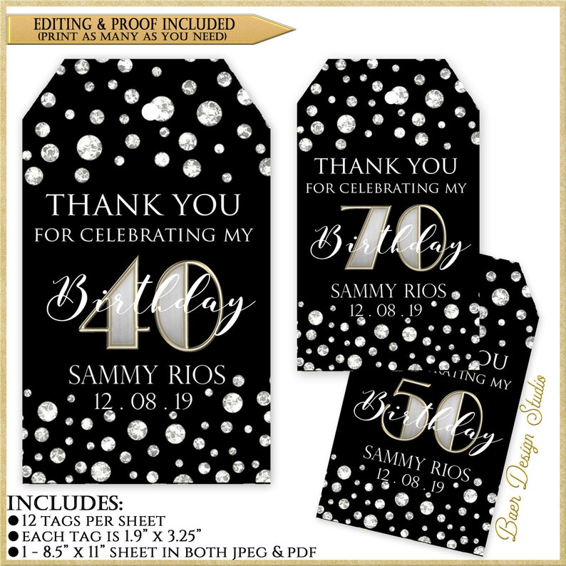 Thank You Tags:40th Birthday Tags Personalized Black and | Etsy