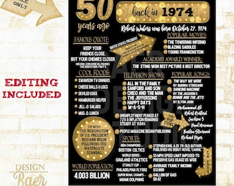 50th Birthday Poster|1974 Poster digital Poster|What happened 1974 Poster|Black and Gold 50th Anniversary poster printable|Made-to-order