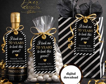 70th Birthday Party Favor Tags: Black & White Printable Tag (PDF)