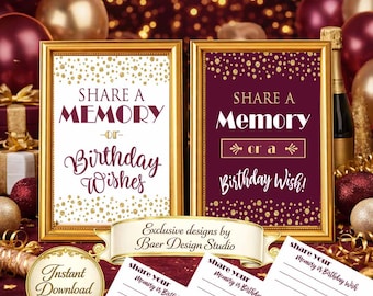 Share a Memory Birthday Sign and Cards: Burgundy and Gold Confetti (Digital Download)
