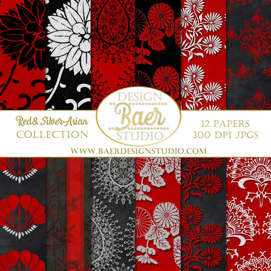 Chinese New Year Digital Paper, Red and Silver Floral Chinese Digital ...