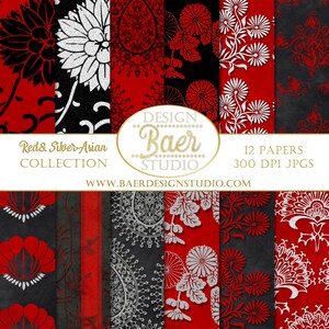 Red and Silver Chinese New Year Digital Paper: Floral Botanical Backgrounds (Digital Download)